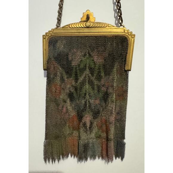Antique 1920s Whiting & Davis Metal Mesh Enamel Purse Art Deco Evening Handbag